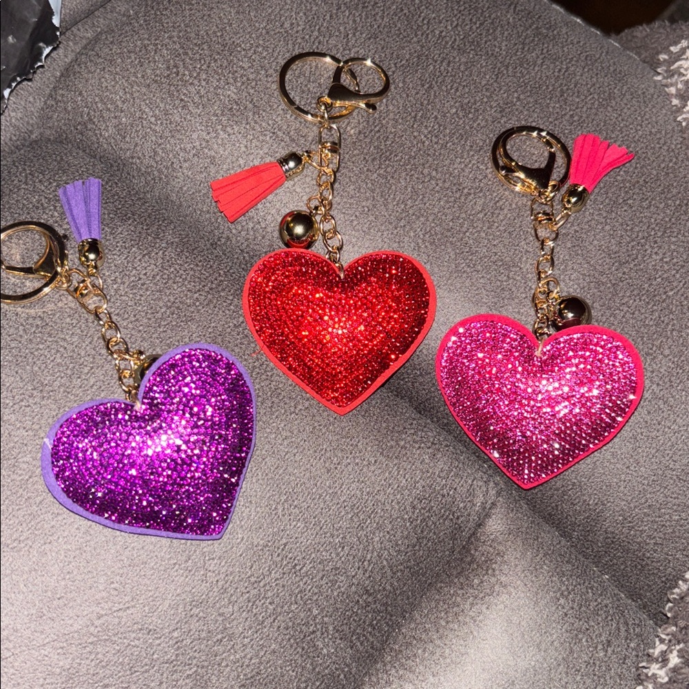 3 glittery Heart Keychain bag charm with Tassel